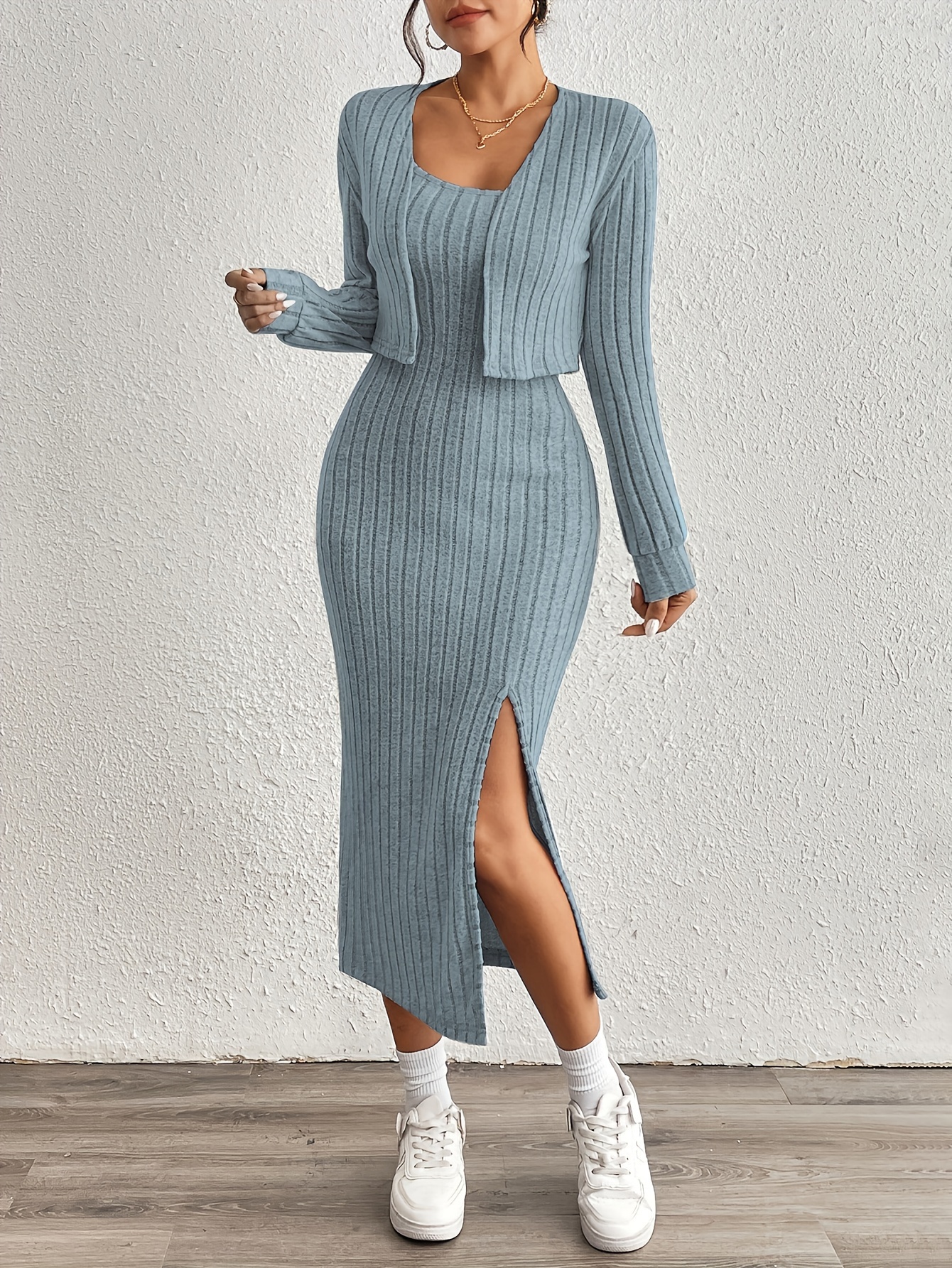 solid ribbed elegant dress set long sleeve open front - Temu Kazakhstan