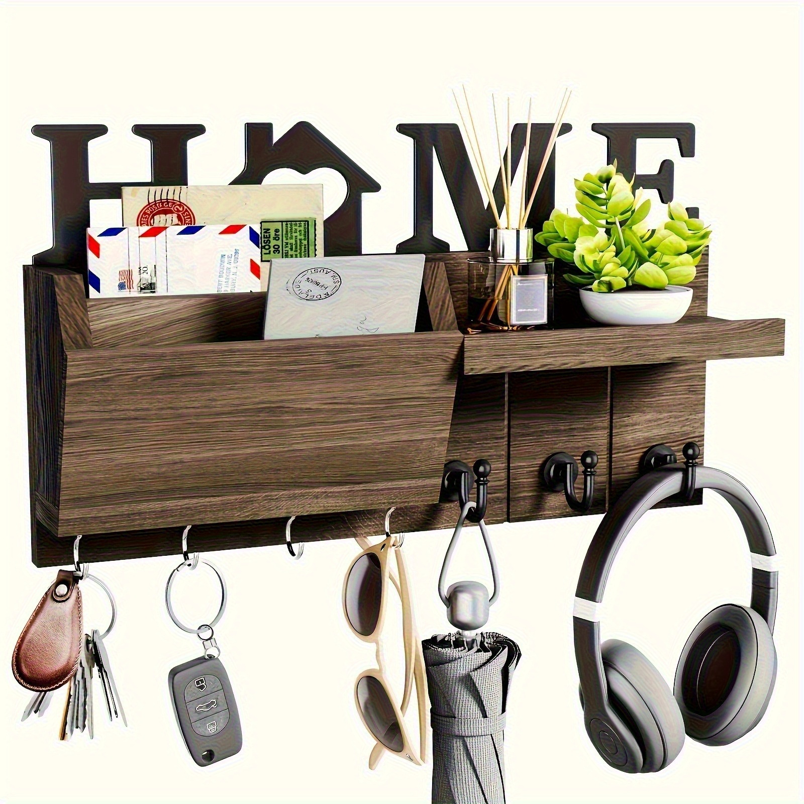 TEMU 1pc Wall Mounted Storage Rack With 7 Hooks Wooden Wall Mounted Storage Rack, Plant Mail Organizer, Key Eyeglasses Earphone Miscellaneous Hanging