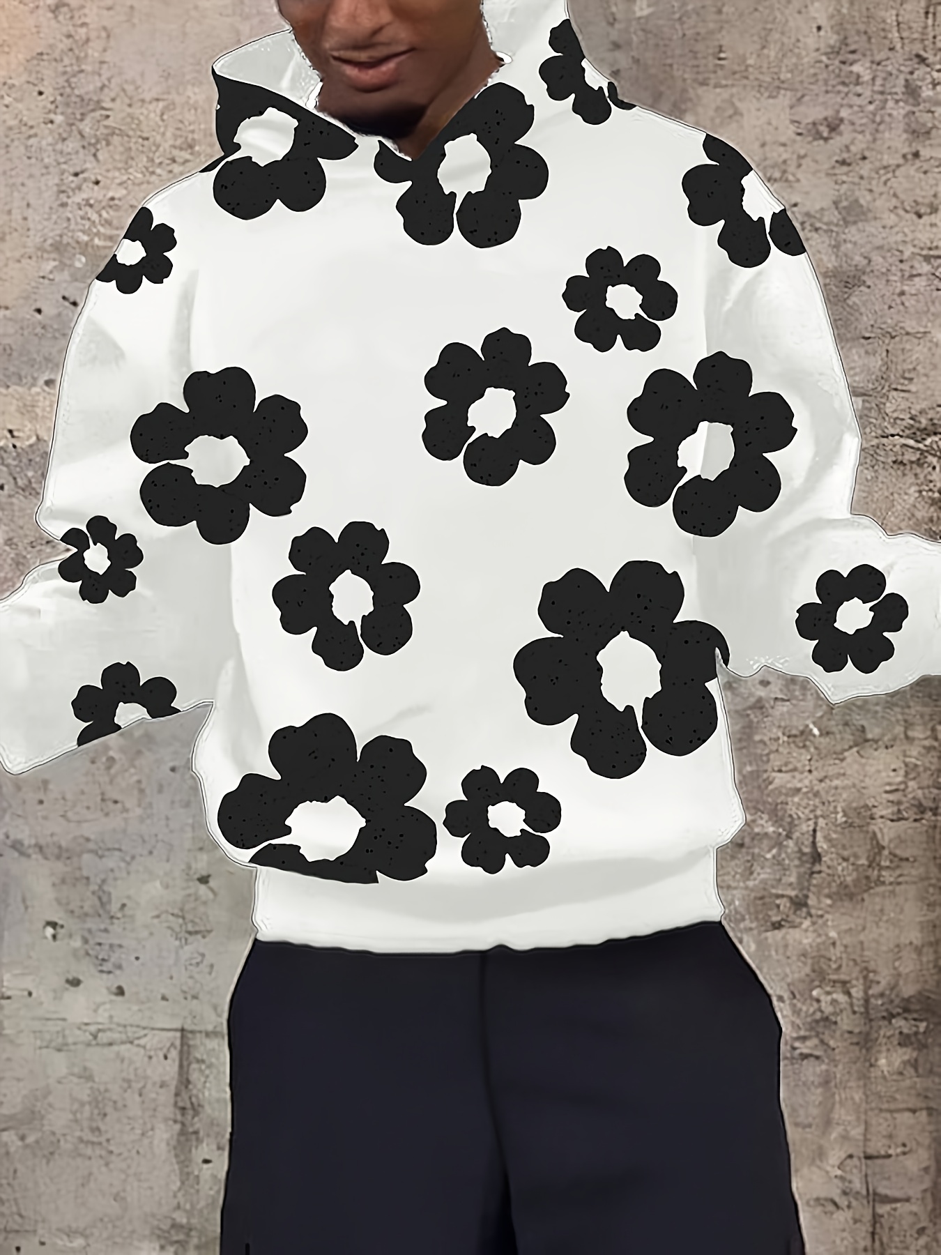 3pcs mens floral print hooded sweatshirt set oversized white