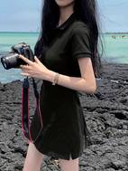 womens navy blue casual collar dress short sleeve button up a line mini skirt spring machine washable beach attire smooth texture fabric