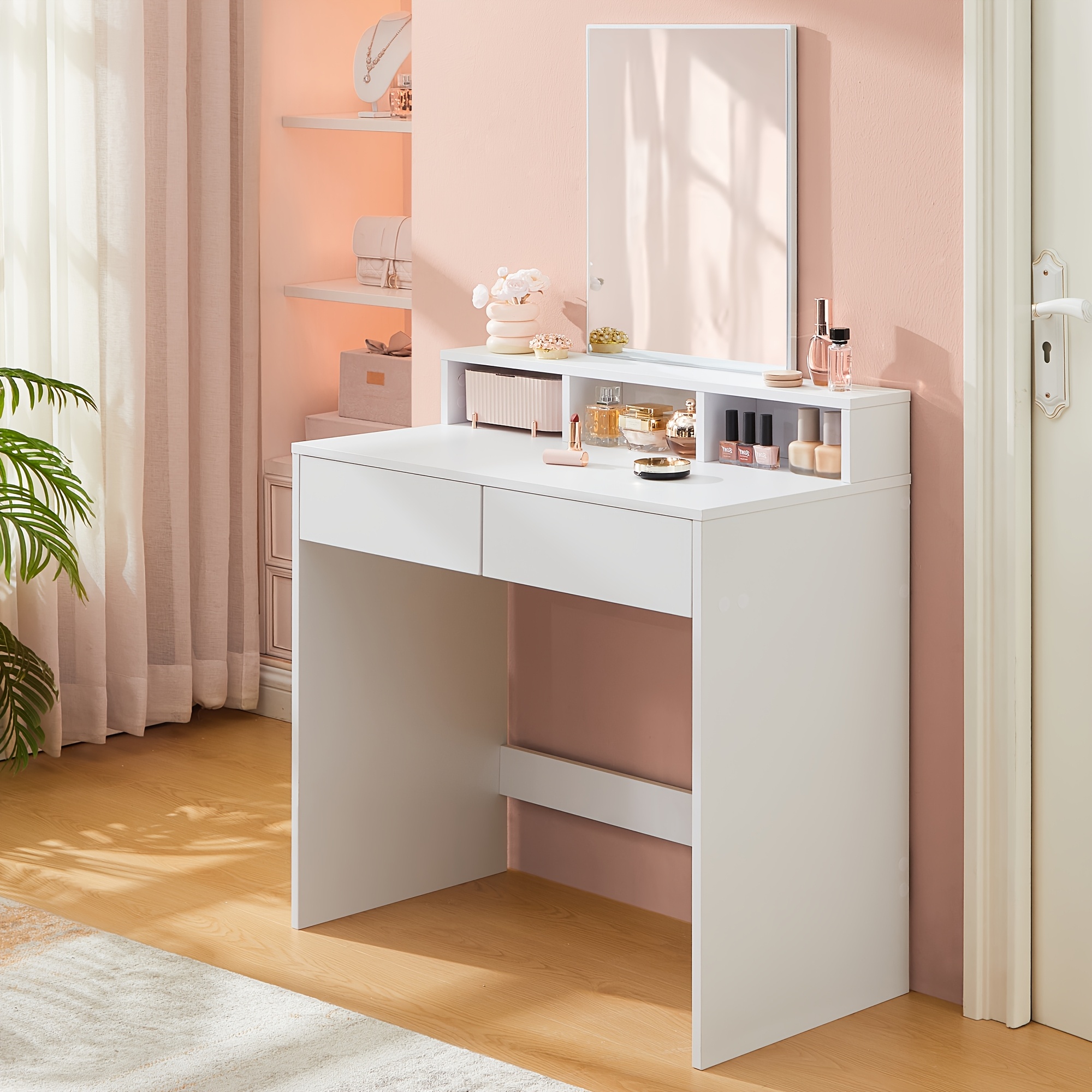 Vanity Table With Large Mirror, Dressing Table, 2 Drawers, 3 Open Compartments, Cosmetic Table, Modern, White
