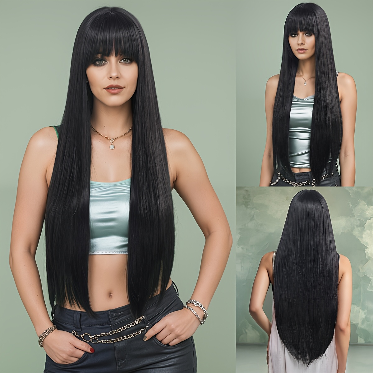 

A Vintage-style Long Straight Synthetic Wig With Bangs, Heat-resistant, Elegant, Featuring A Cap, Suitable For Everyday Wear, Made Of Synthetic Fibers.