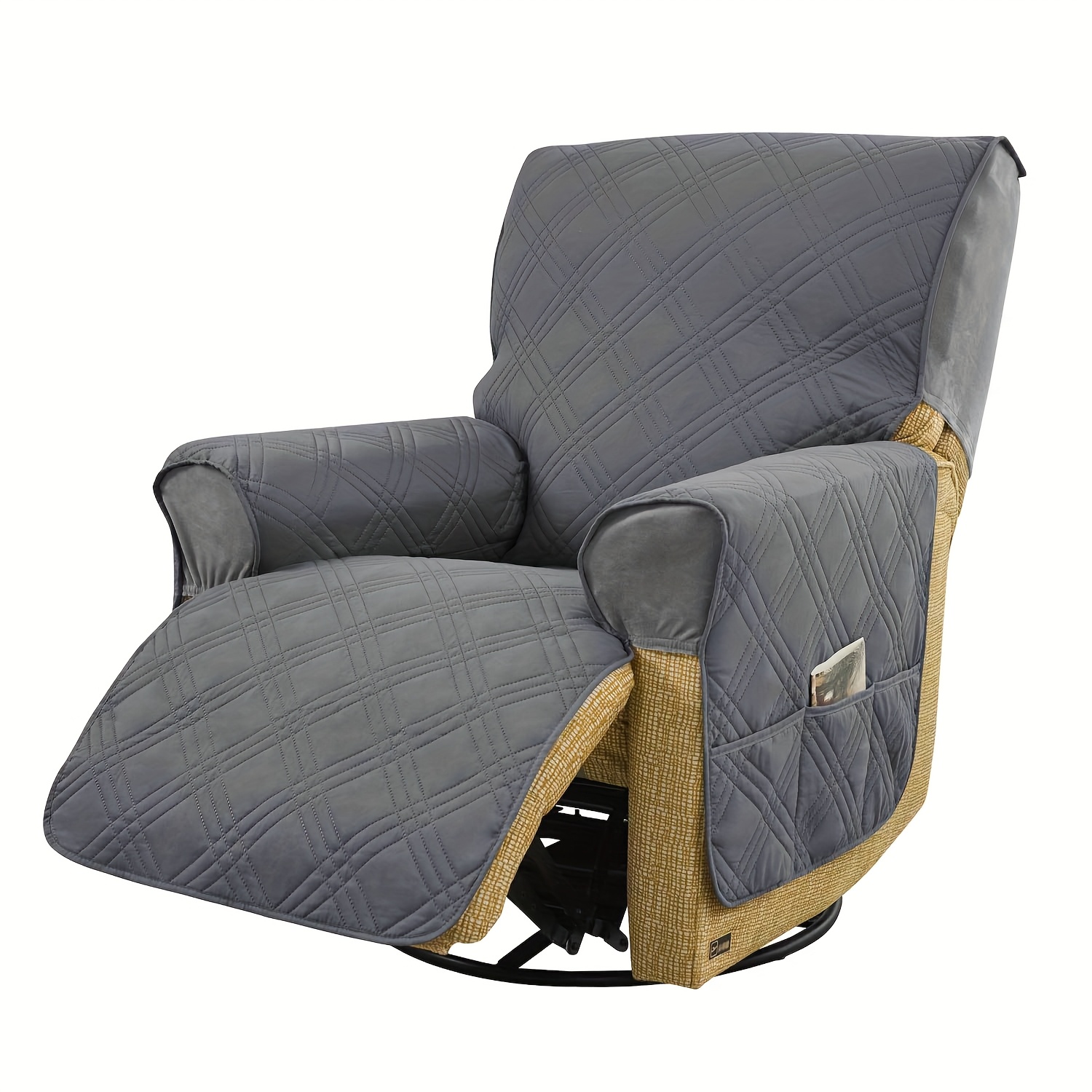 TEMU 1pc Half-cover Non-slip Recliner Sofa Cushion With Double-line Diamond Quilted Design, Double-sided Armrests With Pockets, Anti-slip To Prevent