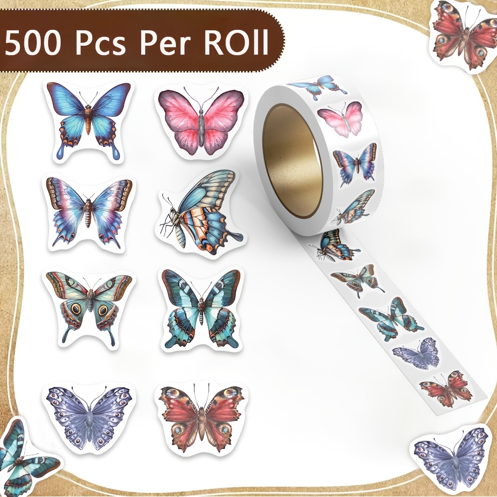 TEMU 1 Rouleau de 500 autocollants papillons style aquarelle, idéal pour livres de comptes manuscrits, journaux, albums photo, décoration de