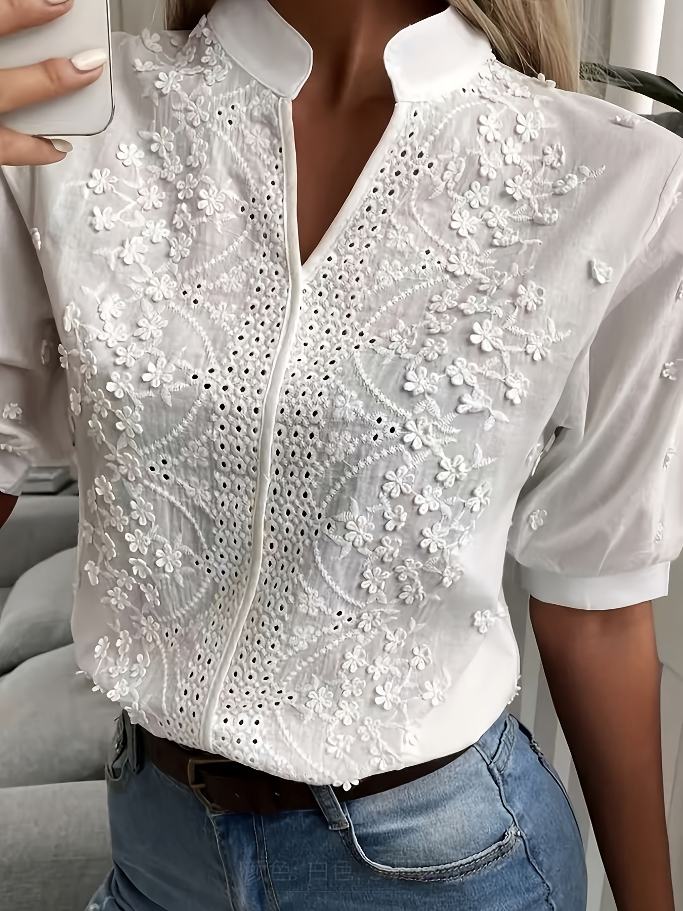 zj0308012   womens directional shirt short sleeve floral eyelet solid elegant summer t shirt street fashion