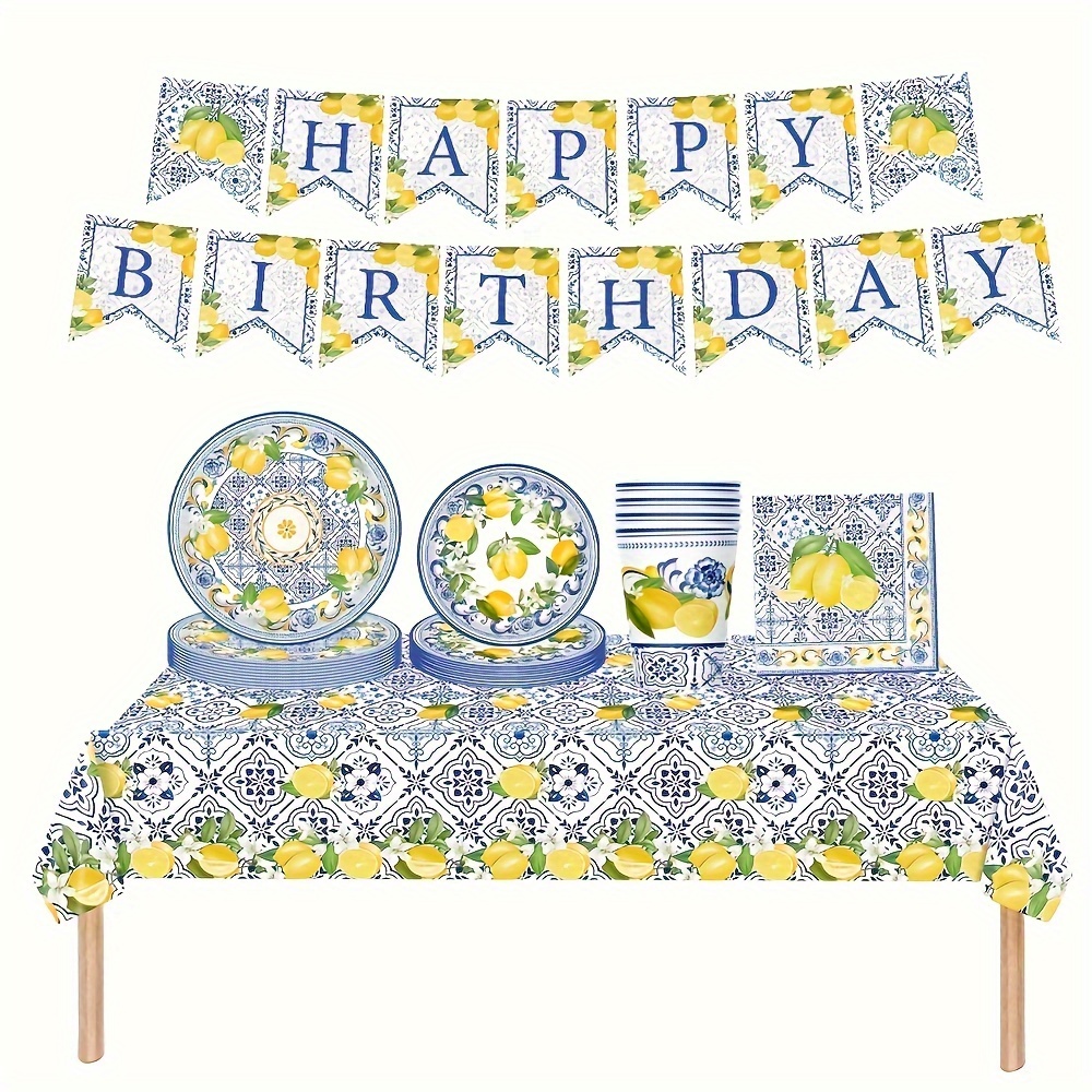 

Fresh Porcelain-inspired Lemon Party Tableware Set - Includes Plates, Cups, Napkins, And Birthday Banner - Ideal For Universal Celebrations