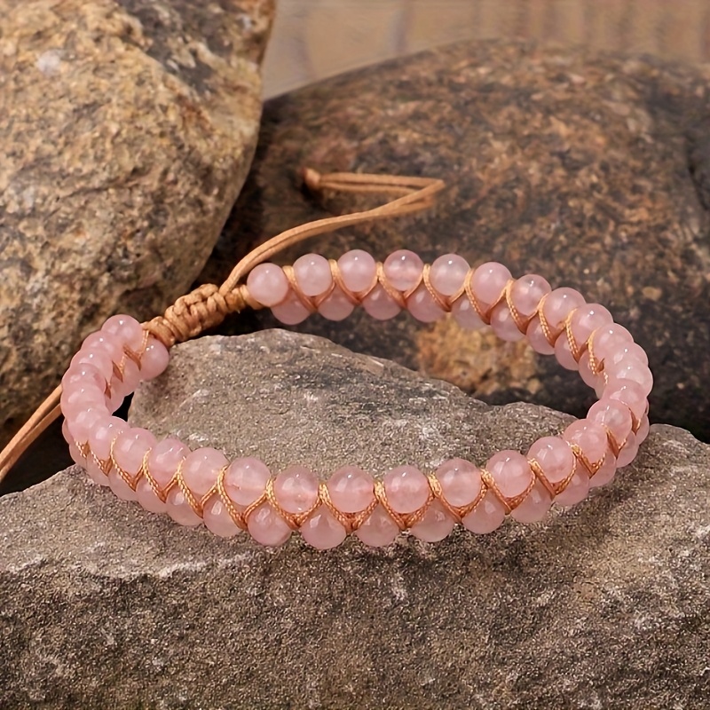 Image of 1 Handmade Knitted Bracelet For Women, Featuring An Elegant And Adjustable Design With Rose Quartz Beads. This Double-layer Woven Piece Is Wear Or As A Gift, Making It A Stylish Accessory