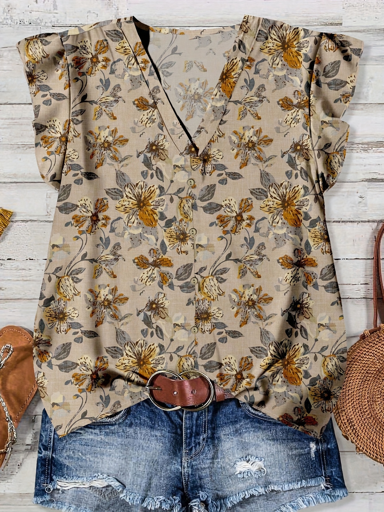 womens floral print v neck ruffle sleeve button casual commuter elegant short sleeve shirt