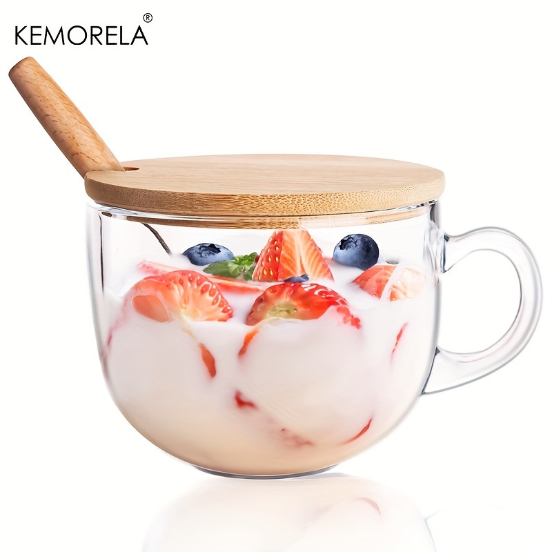 

Kemorela 15 Oz Glass Oatmeal Yogurt Mug With Lid And Spoon - Machine Wash Safe, Multipurpose Clear Coffee Cup, Reusable Breakfast Beverage Container, Recyclable Glass Material