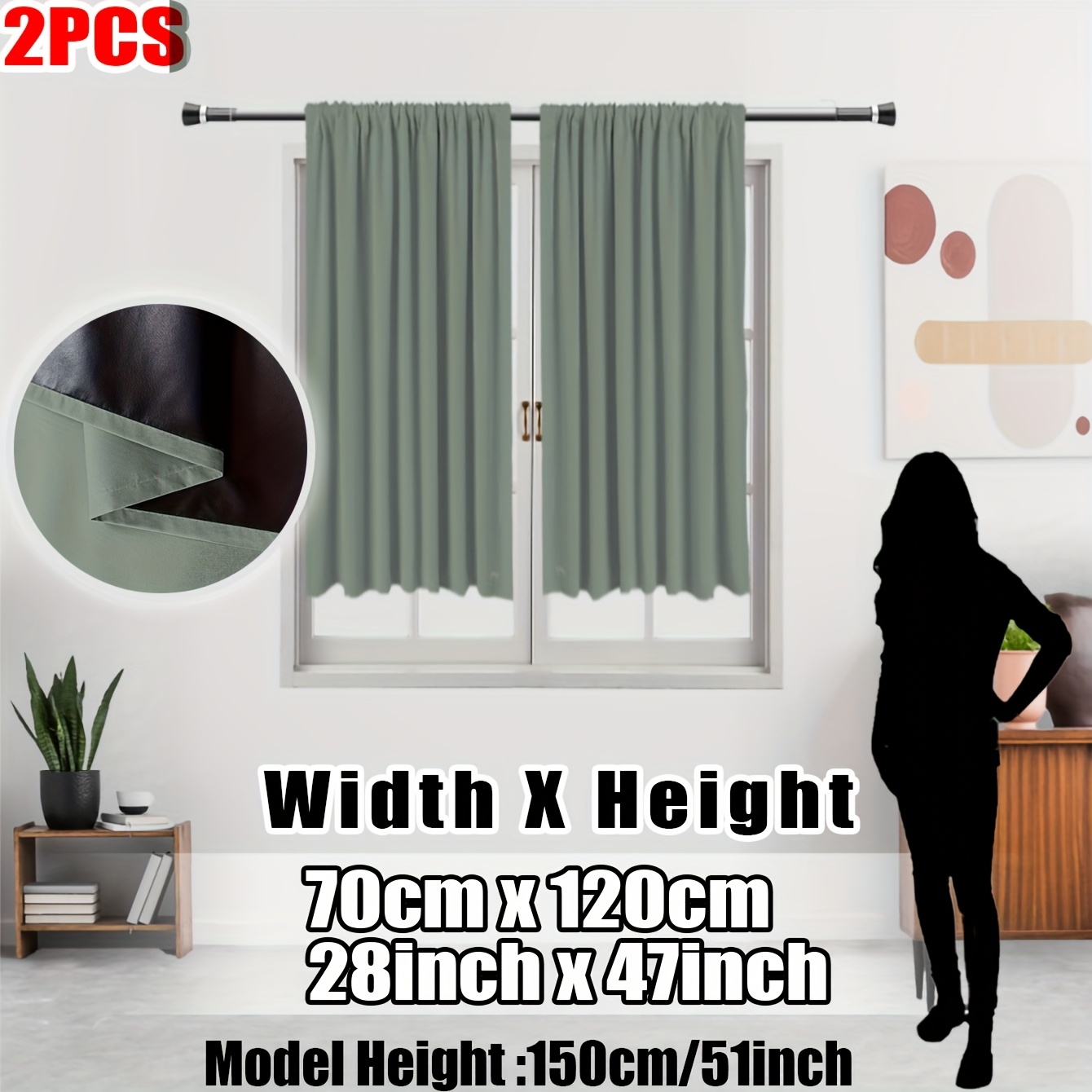 TEMU Pack Of 2, Gray-green 100% Blackout Kitchen Curtains, Rod Pocket Top, Black Inner Lining Coating, Lightweight Polyester Material, Washable,