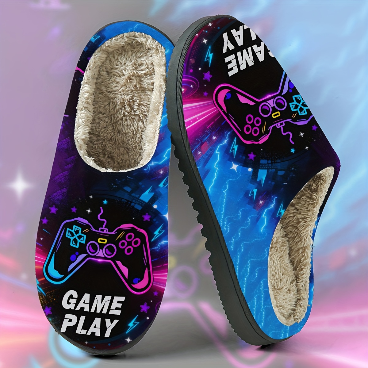 Men's Slippers Featuring A Cozy Plush Design With A Stylish Game Controller Print