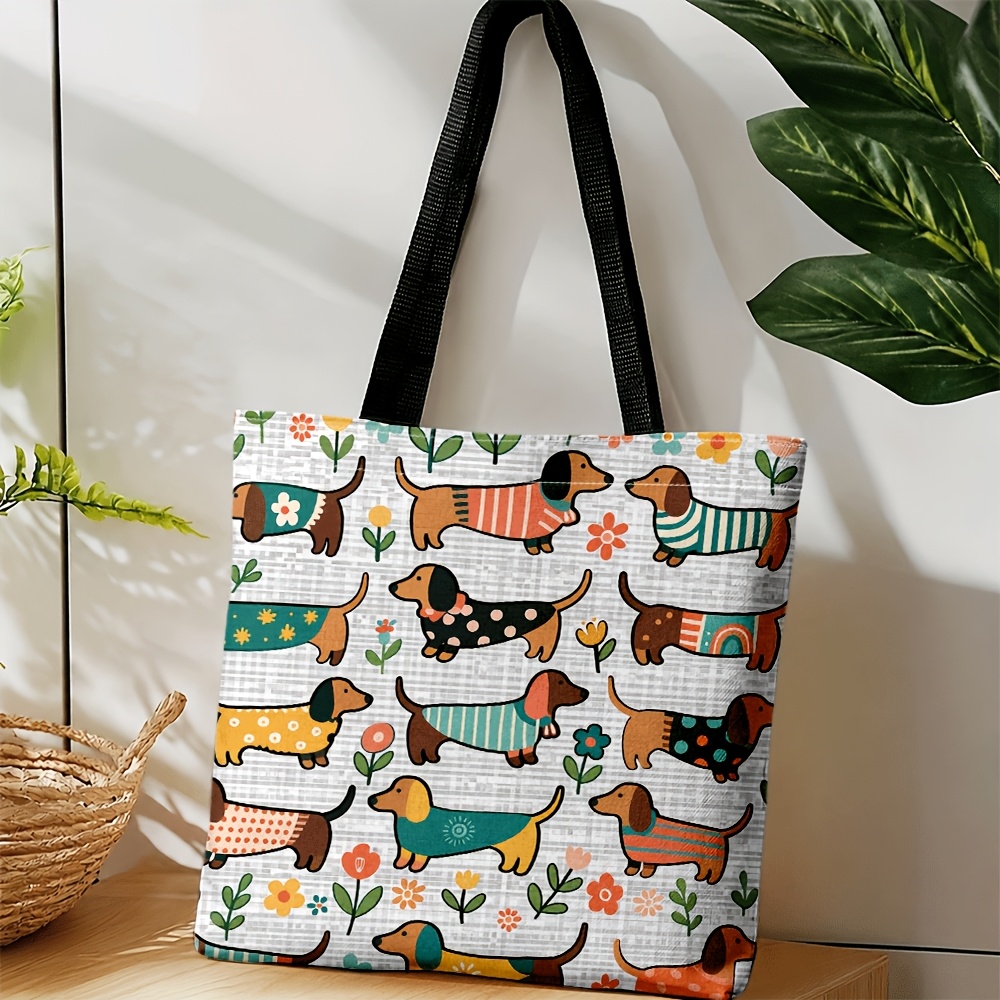 TEMU Bolso bandolera tipo tote con adorables dachshunds en suéteres, floral colorido, estilo festivo y