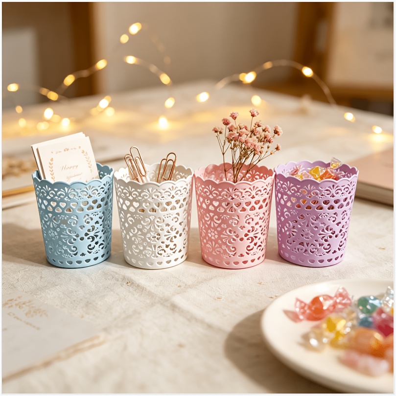TEMU 4pcs Set Of Small Hollow-out Decorative Storage Tubes In Blue, White, Pink, And Purple. Small Desktop Pen Holders Are Made Of New Pp Material