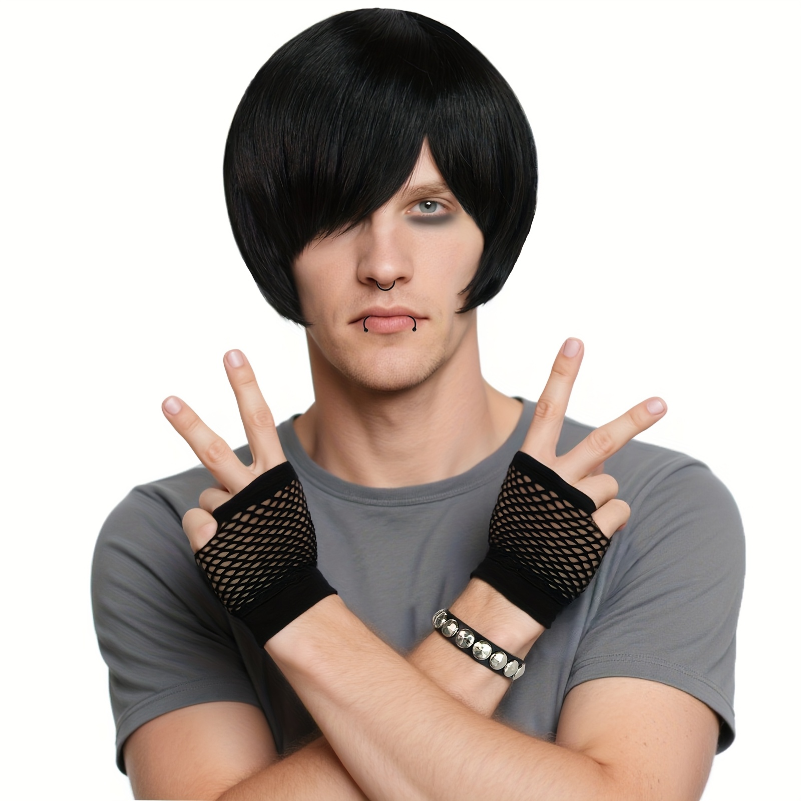 synthetic black short cosplay bob wig for men suitable for   daily or cosplay  