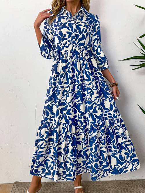 elegant blue and white floral print shirt dress with sleeves and tie waist detail spring summer fall casual to formal wear casual attire floral print dress sleeves