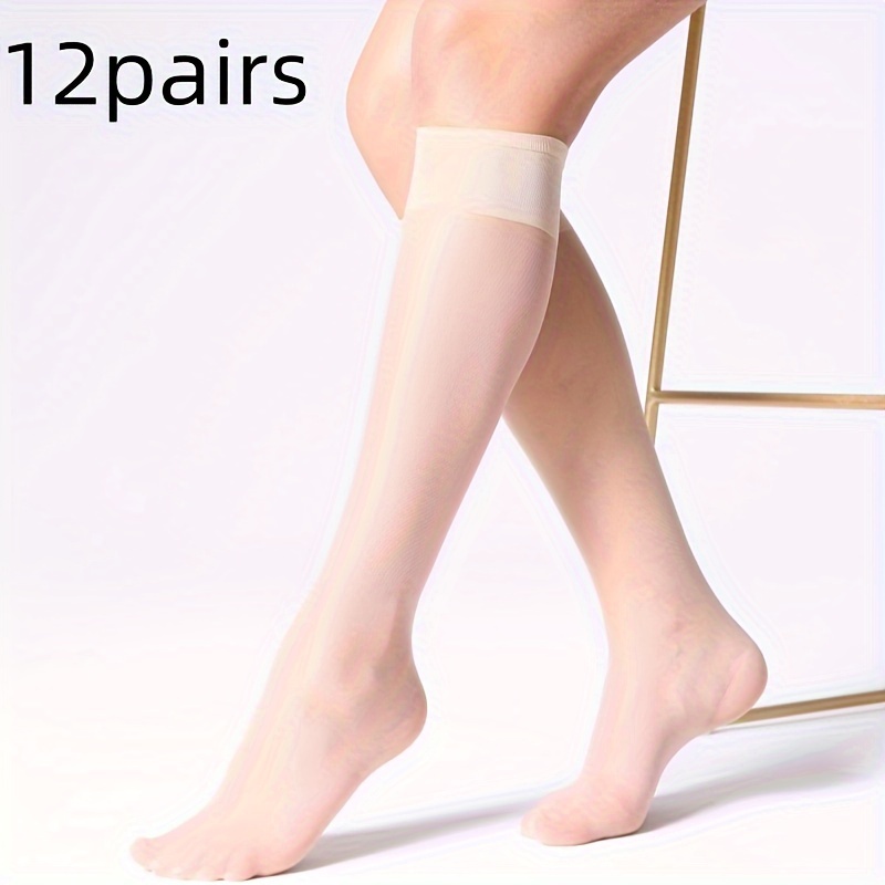 TEMU 12 Pairs Women's Sheer Calf Knee-highs, Lightweight Breathable Stockings, Solid Color, Fashion Accessory