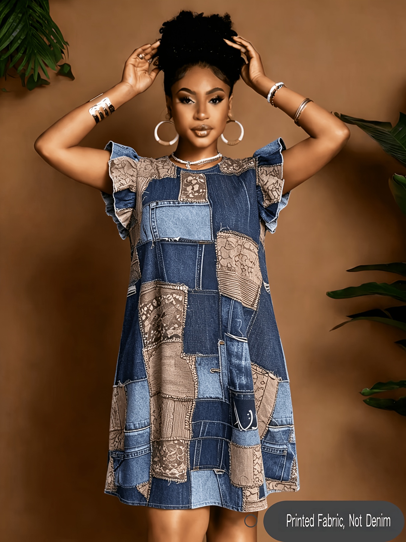 Printed Fabric, Not Genuine Denim Women'S Summer Dress: Round Neckline With  * Cuffs * Denim-Print Elegant And Fashionable Sun Dress