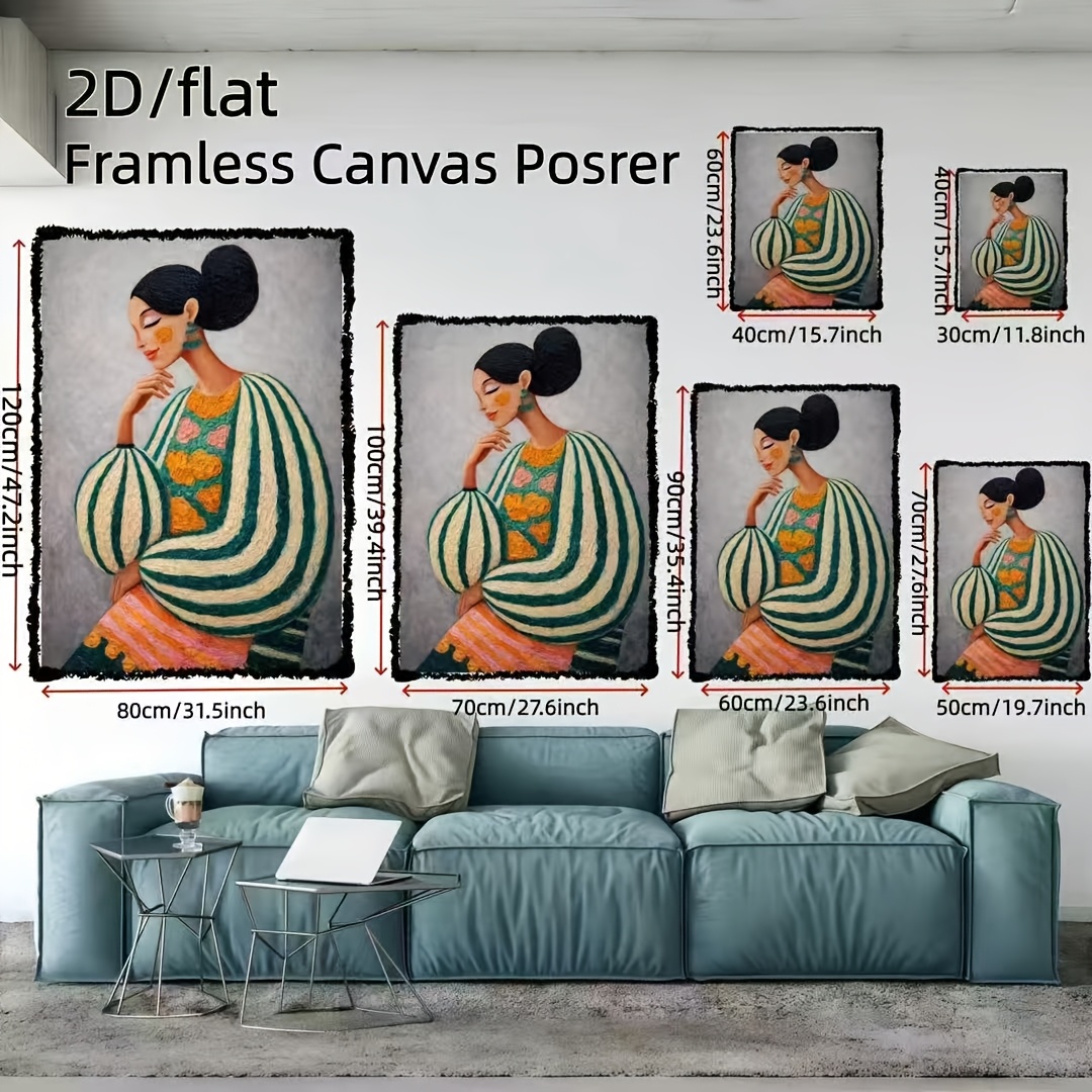 TEMU 2d Flat, 1pc Vertical Modern Bohemian Watercolor Canvas Wall Art - Vertical Striped Floral Dress Folk Painting, Vertical Line Art Suitable For