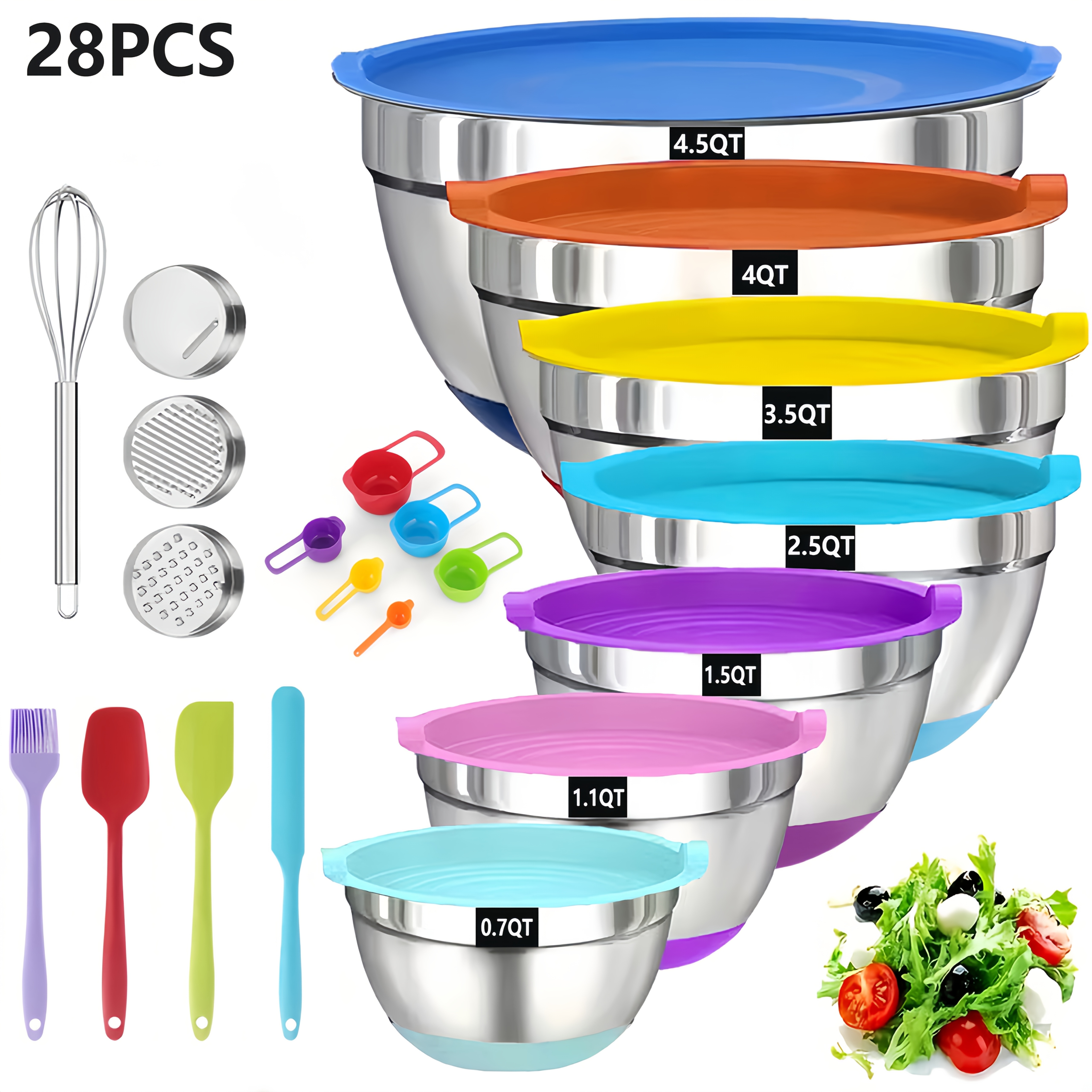 TEMU 28pcs, 7 Colorful, Stackable Stainless Steel Mixing Bowls, With 7 Sealed Lids, 14 Kitchen Gadgets Accessories, 5l, 4.5l, 4l, 2.4l, 1.7l, 1.25l,
