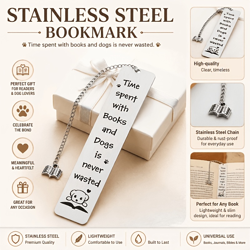 TEMU Cute Puppy Stainless Steel Bookmark - "time With Books & Dogs Is " - With Charm - Heavy-duty Metal Bookmark For Readers, Dog Lovers - Birthday,