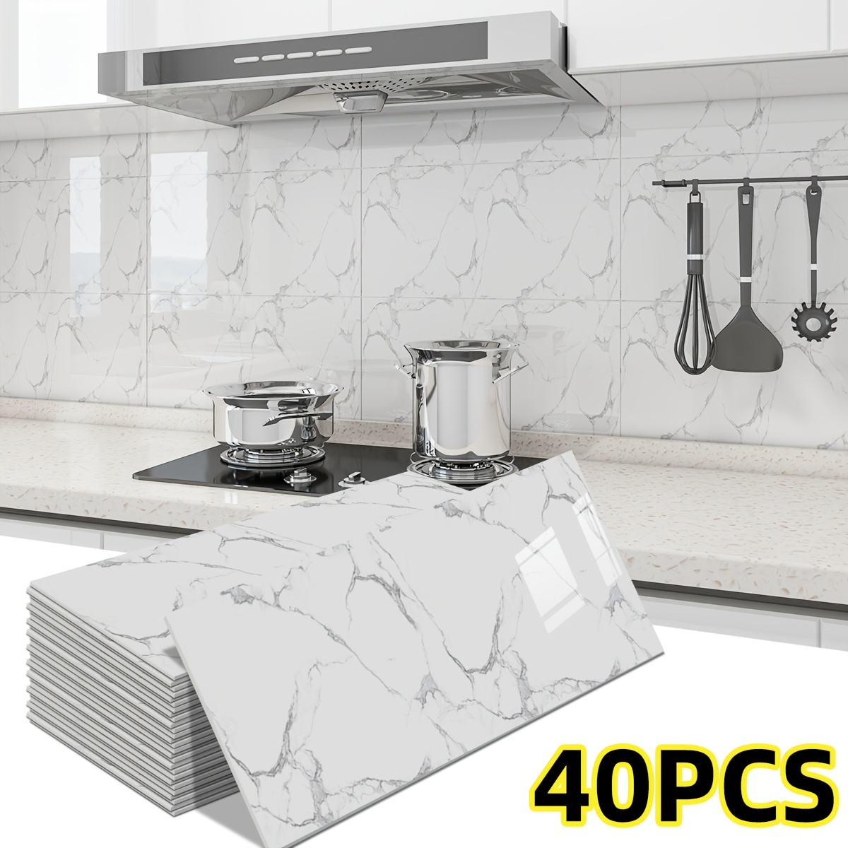 20/40-pack Self-adhesive Marble Wall Panels Set - Oversized White &grey/black Marble Sheets, Removable Vinyl Planks, Bathroom, Kitchen, Living Room-glossy Finish, /remove