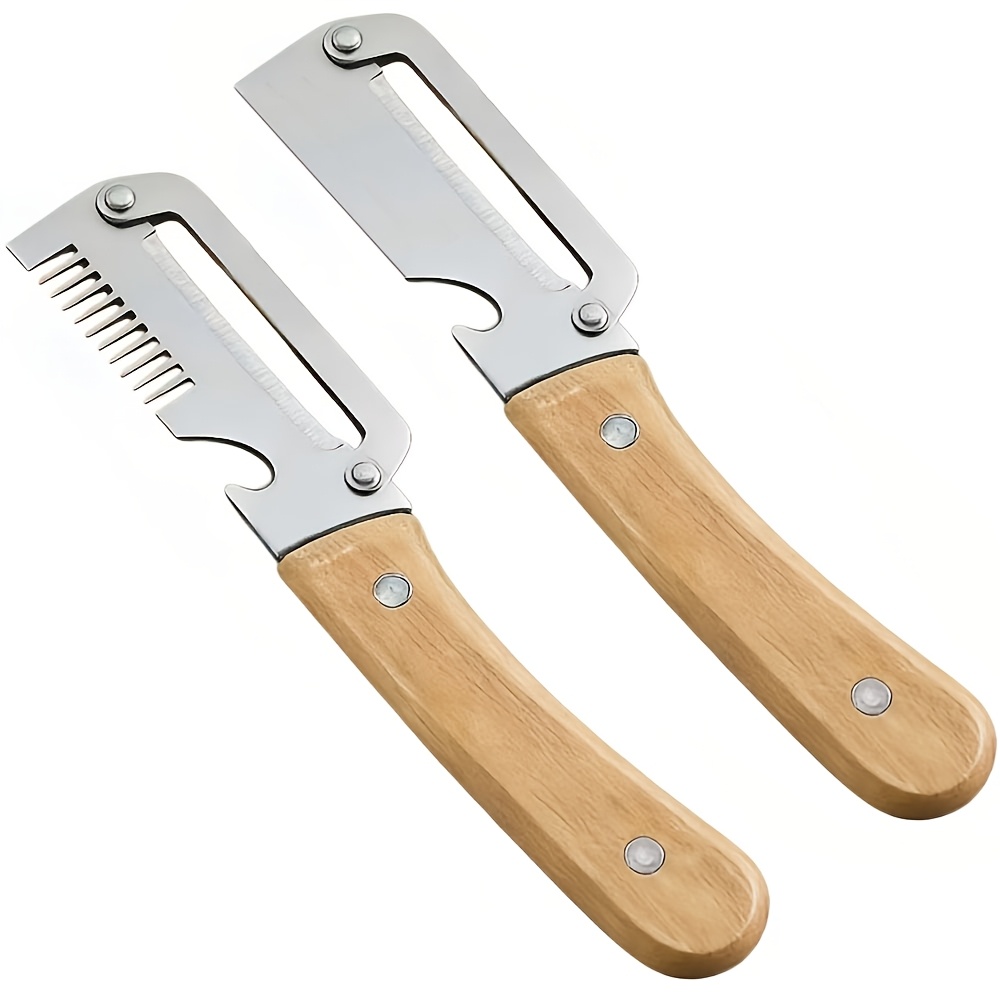 TEMU 2pcs Multifunctional Peeler And Slicer, Featuring A Wooden Handle And Straight Blade Design. Suitable For Fruits, And Vegetables.