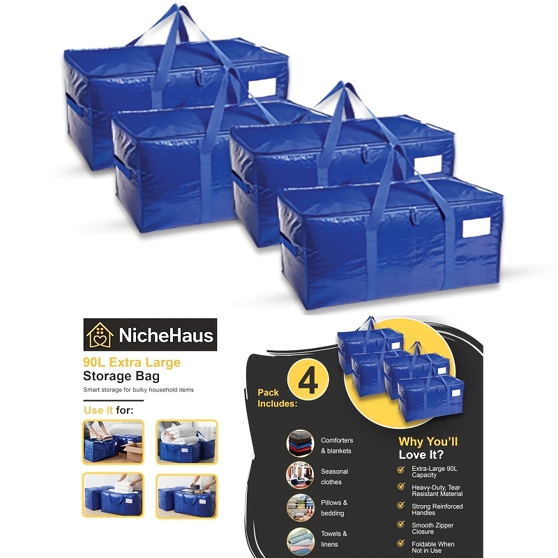 TEMU (pack Of 4) Heavy Duty Waterproof Large Storage Bags With Zipper Closure - Reusable Suitable For , Large Moving Bags Suitable For Clothes,