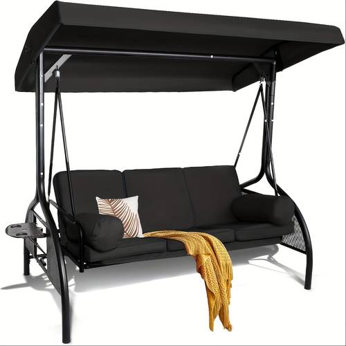 3 seat patio swing chair outdoor porch swing with adjustable canopy convertible backrest swing bed with cushion cup holder for front porch lawn poolside