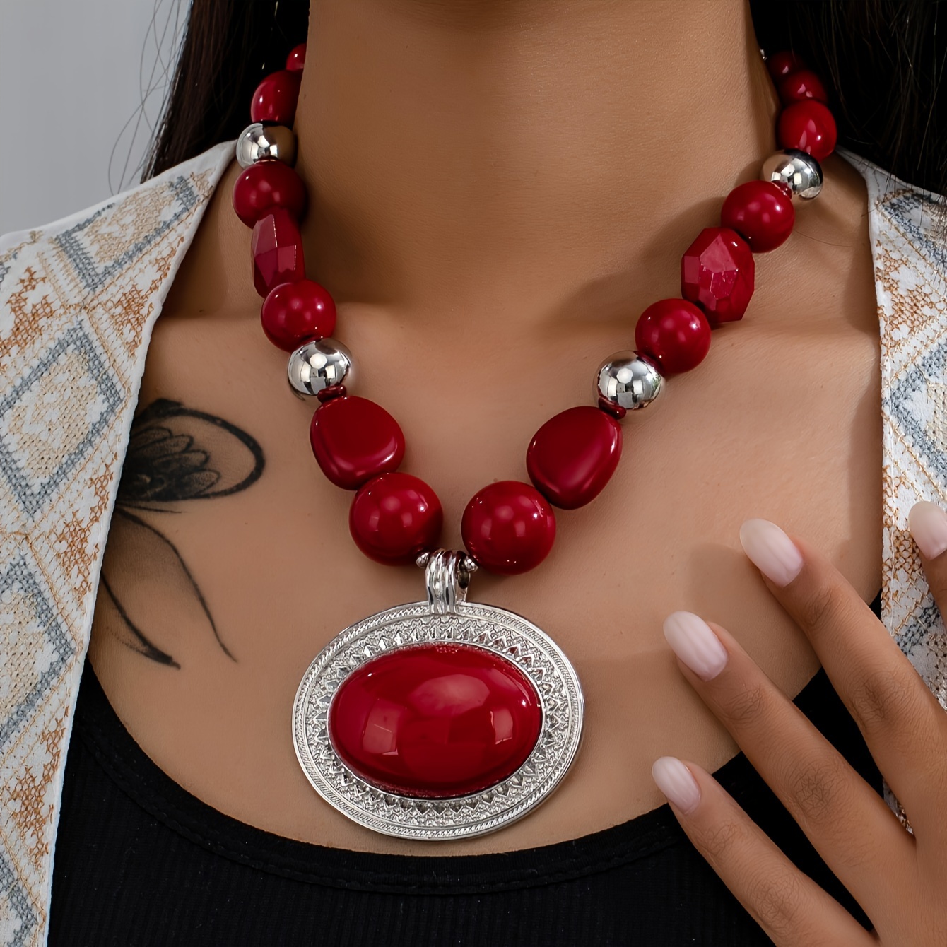 

Vintage Style Statement Necklace With Bold Red Beads And Metallic Charm