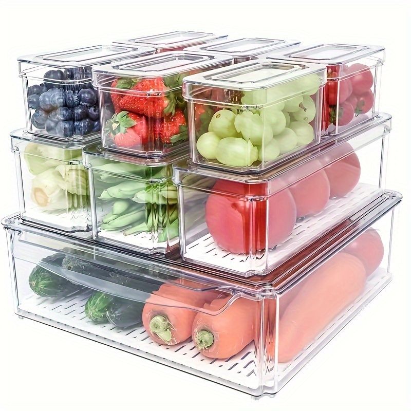 

10pcs Refrigerator Storage Box, Plastic Stackable Fridge Organizer Bins With , Utility Containers For Fridge, Sorting Storage Organizer Box For Food Fruit Vegetable Drinks