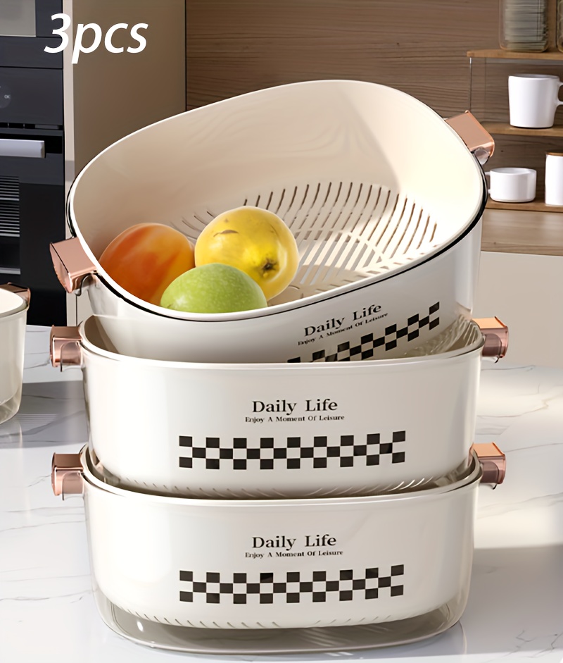 3pcs daily life double layer colander and fruit bowl set plastic detachable strainers with handles for kitchen multi use washing draining basket for vegetables salad rice details 0