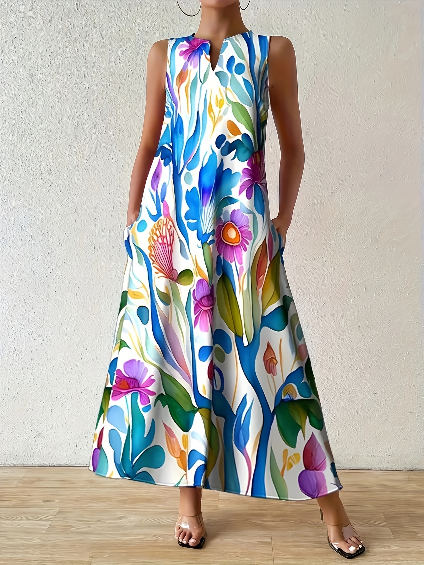 Casual And Fashionable Floral Print Round Neck Dress, Casual Sleeveless  Dress with Pockets, Suitable for Casual Vacation Spring And Summer Women's  Clothing
