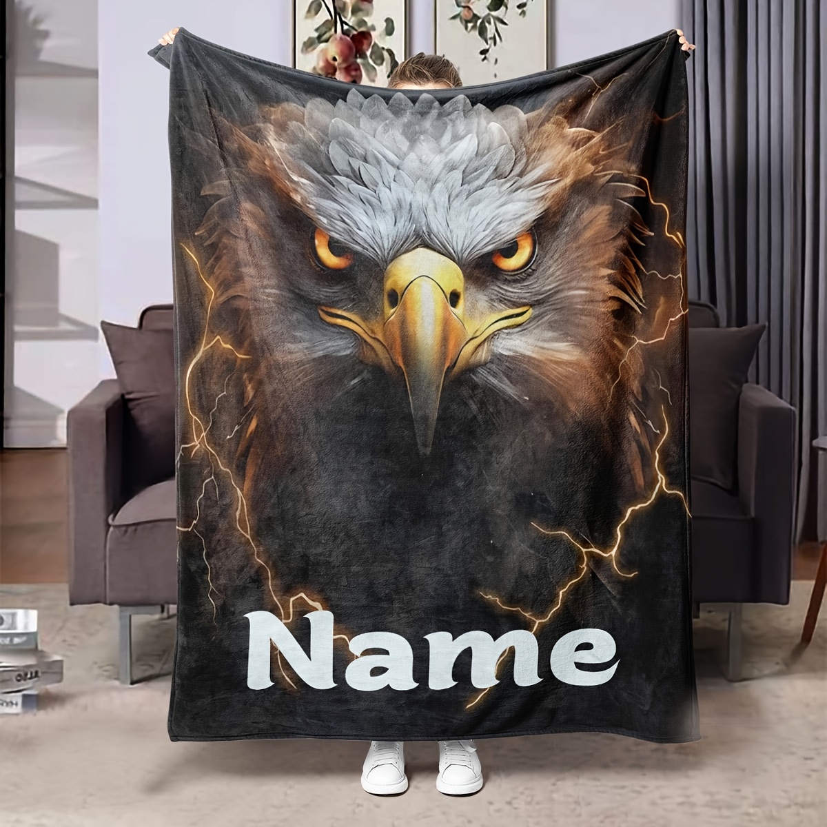 

Custom Eagle-themed Throw Blanket With Personalized Name - Soft, Allergy-friendly Polyester, Travel & Camping