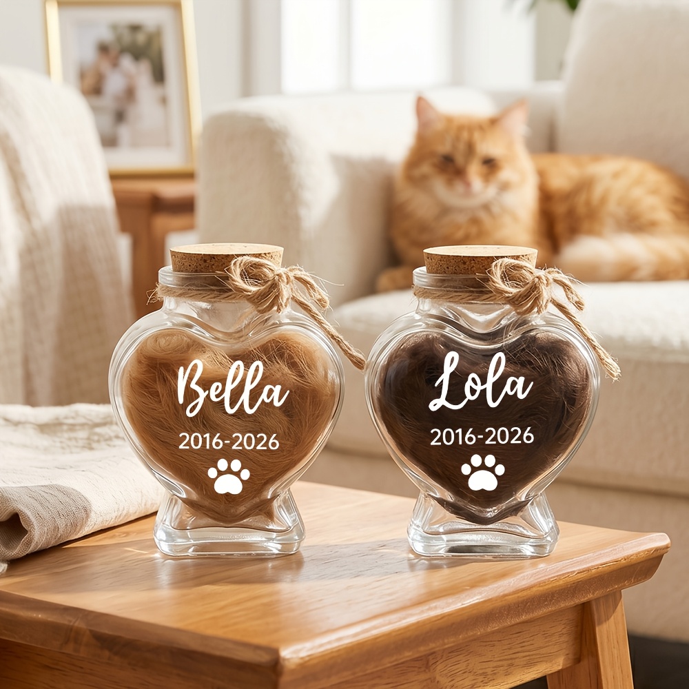 TEMU Personalized Heart Clear Glass Pet Hair Memorial Jar, Custom Engraved Date Paw Print Keepsake Vial, Decor Bottle, Pet Loss Sympathy Bereavement