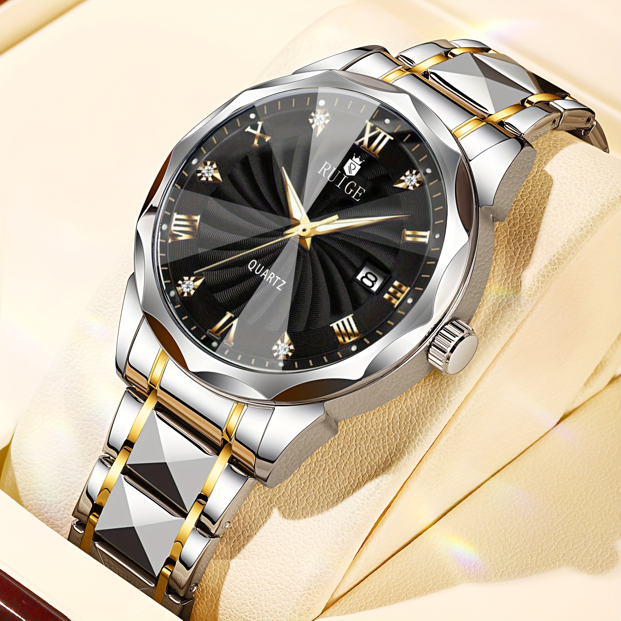 RUIGE Men's Quartz Watch with Night Light, Dual Calendar, Diamond-Shaped Mirror, Stainless Steel Case, Alloy Strap, Multiple Colors