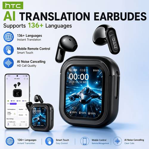 artikel foto htc ne20 ai smart translator oordopjes: ondersteunt 134 voor bidirectionele vertaling. echte draadloze bluetooth oordopjes, een nieuw model uit 2026 essentieel voor zakenreizen. compatibel met hoogwaardige . 30mah batterij biedt 4 uur spreektijd. bluetooth 6.0 voor stabiele