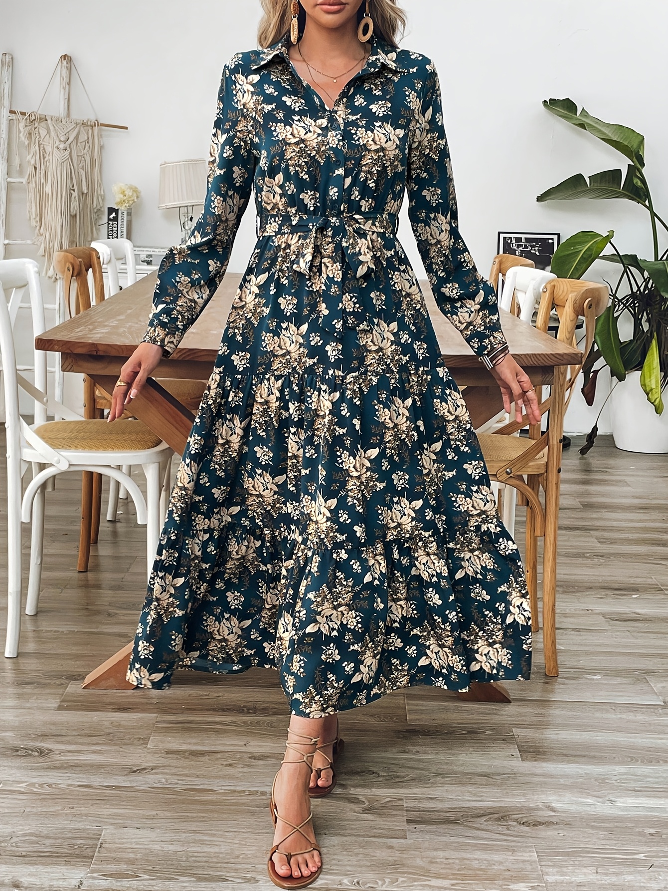 item picture vintage black floral print shirt collar long sleeve tie waist long skirt for commuting dating vacation dress