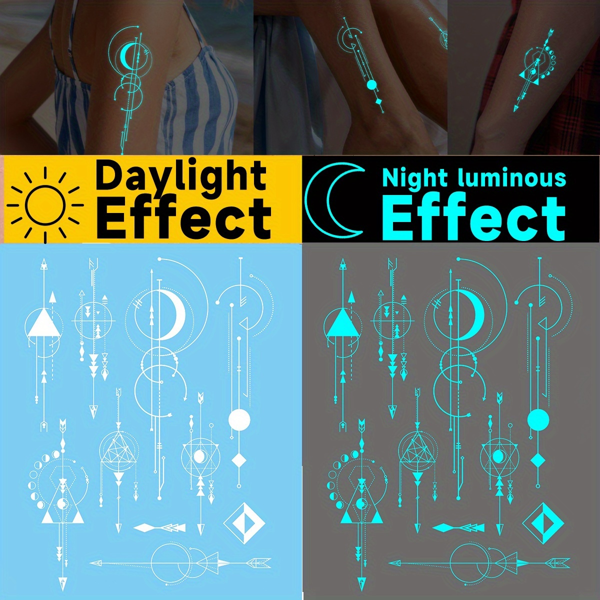 Blue Luminous Geometric Crescent Pattern, Fake Bracelet, Necklace, Face, Arm, Hand, Finger, Wedding And Music Festival Festival Tattoos, Party Favors Temporary Tattoos, Tattoo Sticker 1pc