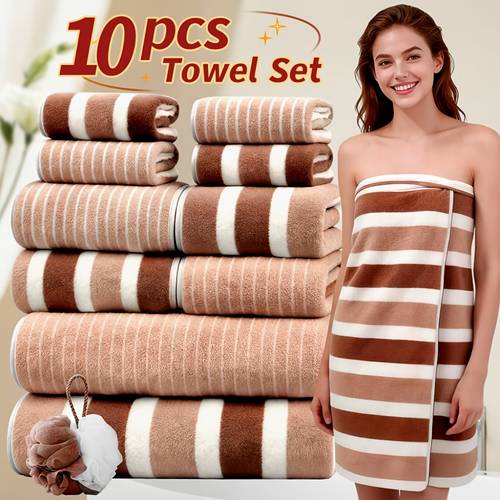 10pcs 3pcs 1pc towel set loss super water absorption ultra soft microfiber beach towels for adults super soft hotel standard two color striped bath towel combination 11 81x11 81inch 13 78x29 53inch 27 56x55 12inch