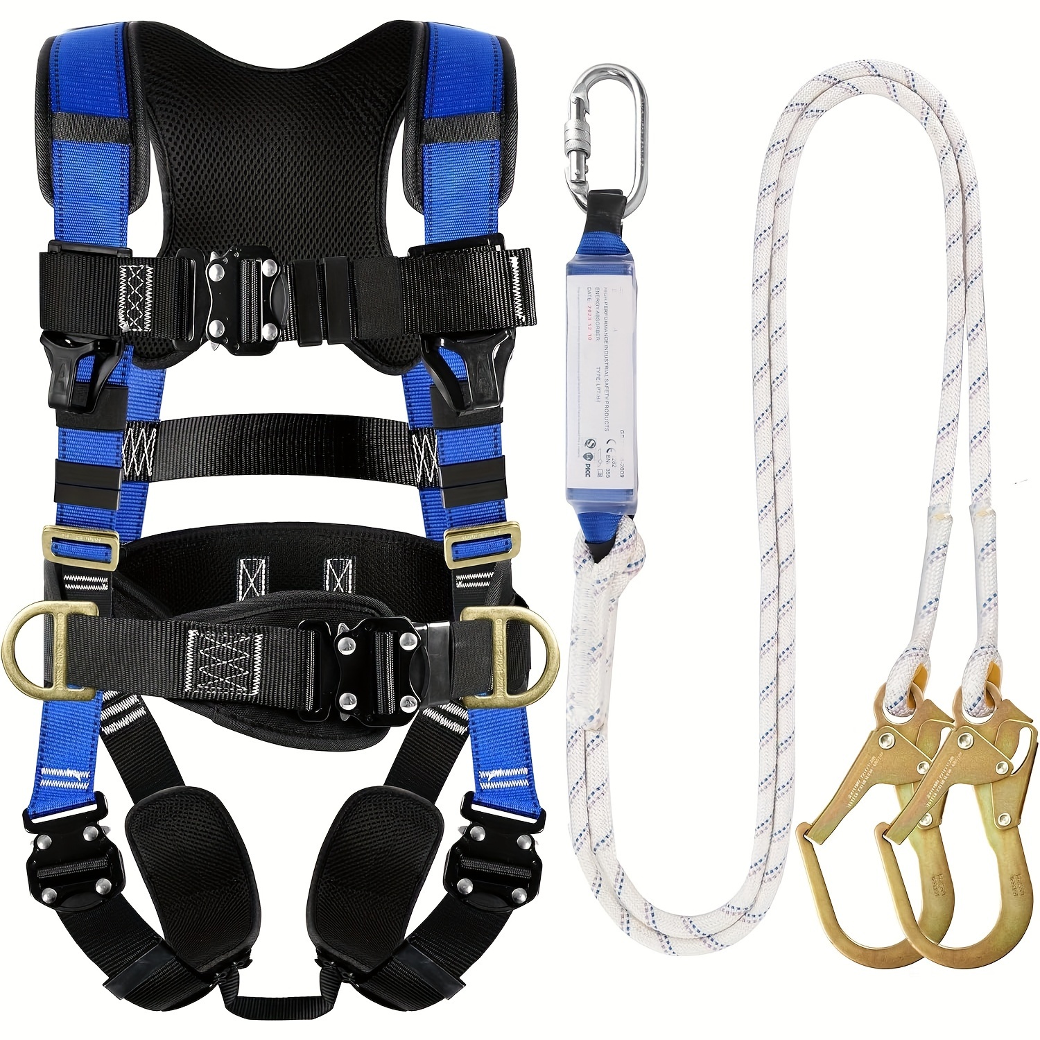 

Men's Full Body Safety Harness Kit - Construction Vest With 4 Quick Buckles, Adjustable Straps, And Rope Lanyard For Work & Roofing Projects