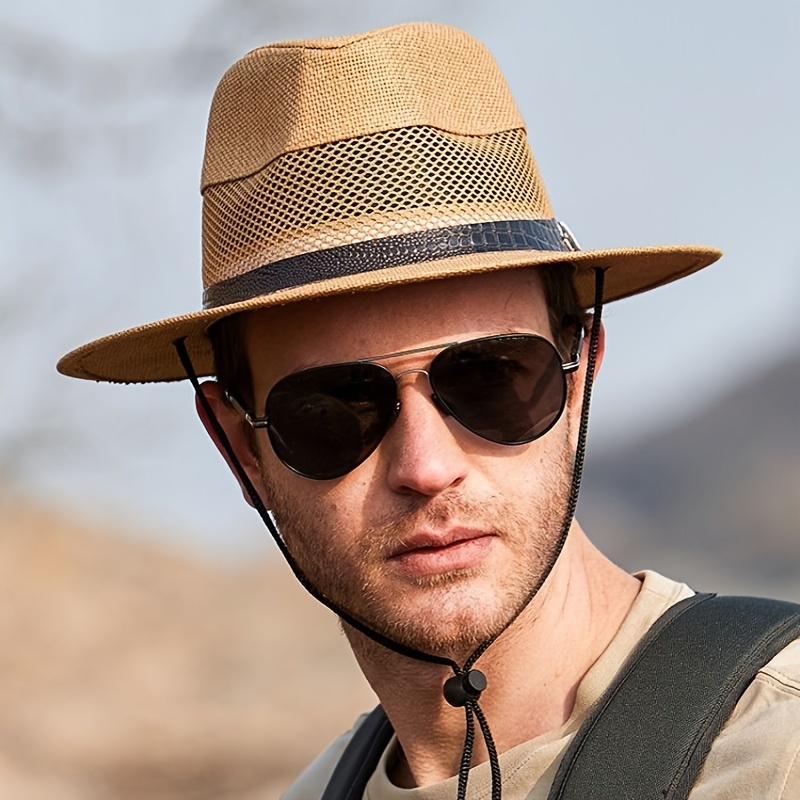 

1pc Summer Men's Hollow Mesh Straw Beach Hat, Breathable Sun Protection Straw Hat