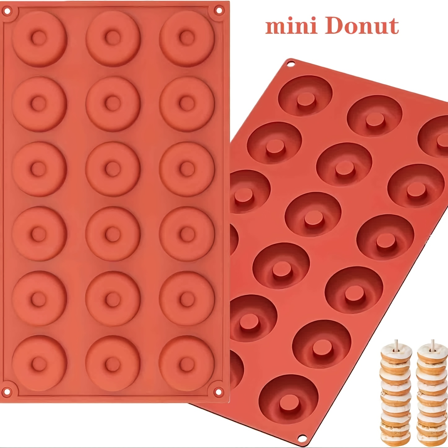 Image of 2pcs Silicone Mold For Mini Donut, 18 Cavities Donut Molds Home Reusable Donut Baking Pan Tray, Red