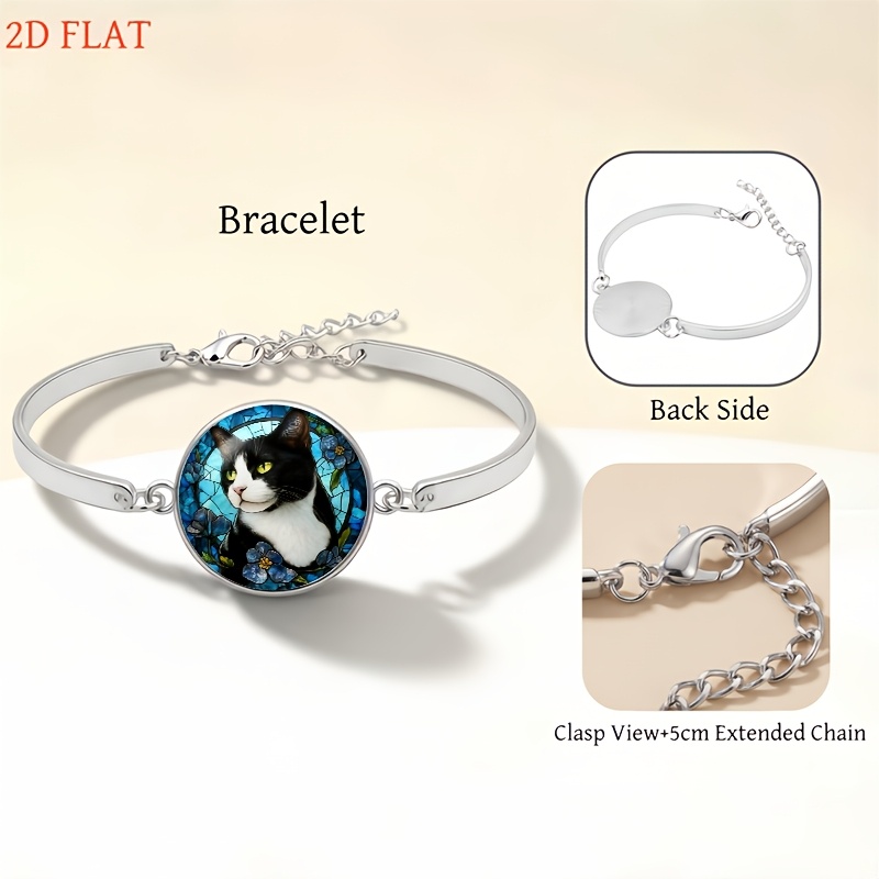 5pc Black & White Cat Jewelry Set with Blue Flower Round Glass Top