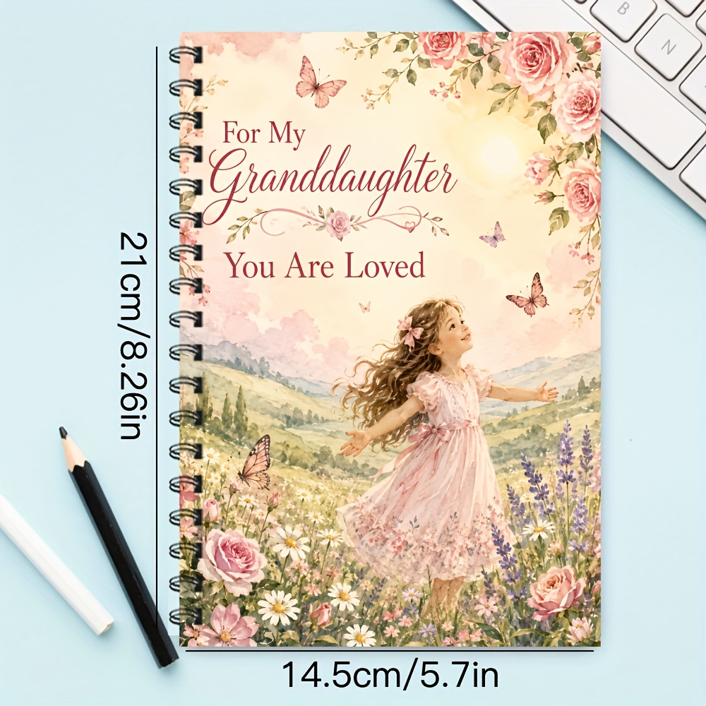 TEMU For My Granddaughter Cover, 1pc A5 Spiral Notebook With Floral Dress Girl, Butterflies And Rose , Journal For Family Keepsake, Daily Writing,