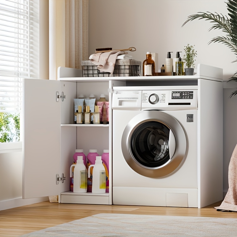 Image of Utility Rack For Washing Machines, Featuring A Spacious Cabinet Design, Ideal For Kitchen And Bathroom Use, Measuring 96x66x96cm In White, Utility Racks