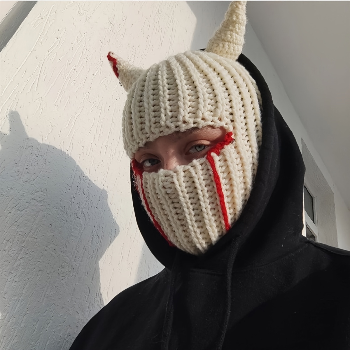2pcs Men'S Funny Devil Horns Hat & Face Mask - Winter Warmth Headset with Expressive Eyes Cutouts, Soft Comfortable Party Costume Accessory for Halloween, Christmas, Themed Events - Multi-Color Options (Red/) - No Batteries/Electronics Required