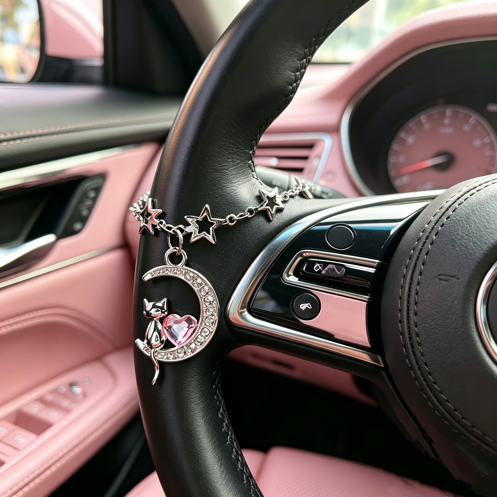 TEMU 1 Star Pendant, Moon And Kitten, Pink Love Diamond Inlay Design, Car Steering Wheel Decoration, Fashionable And Exquisite Lady Interior