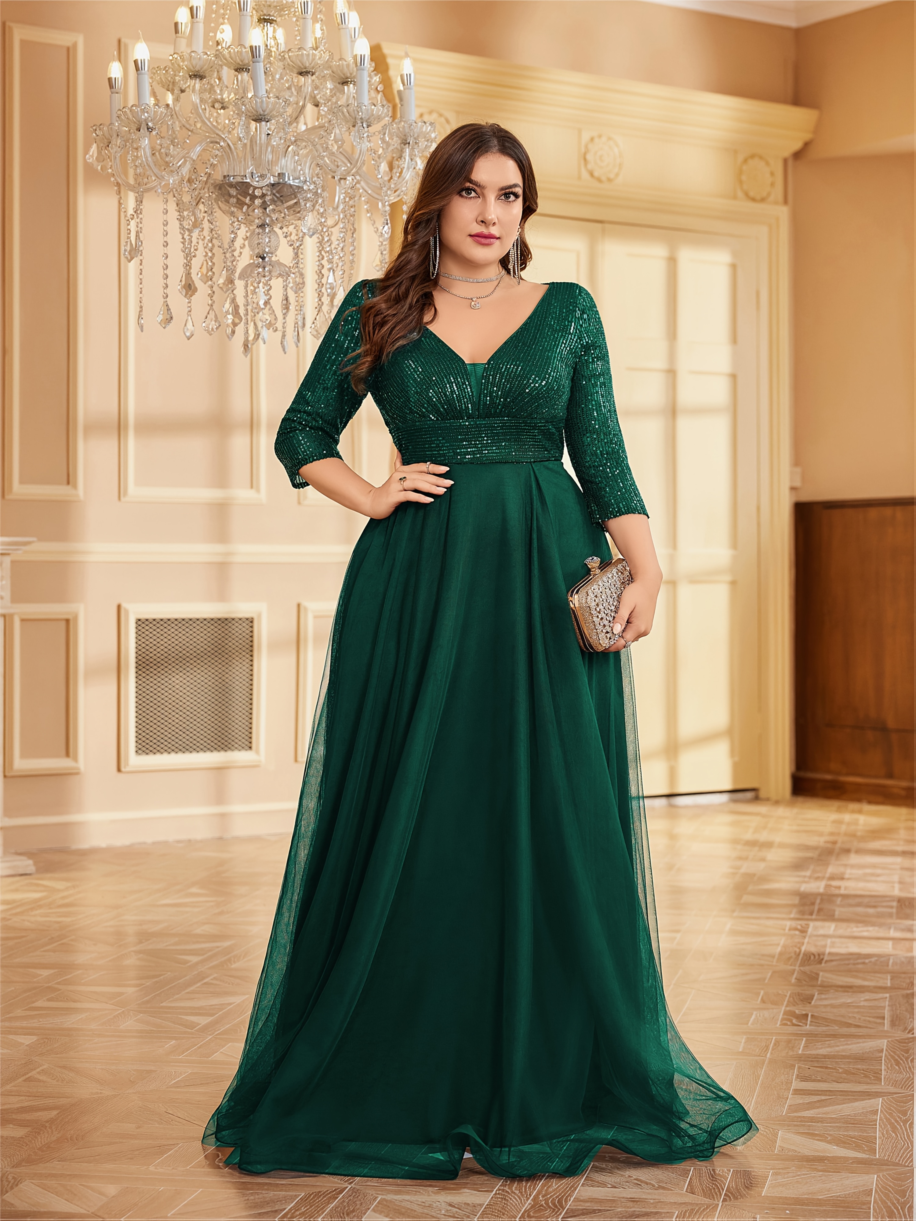 Plus Size, Banquet high-end sequin oversized dress, elegant waist cinching  long style mesh splicing party dress