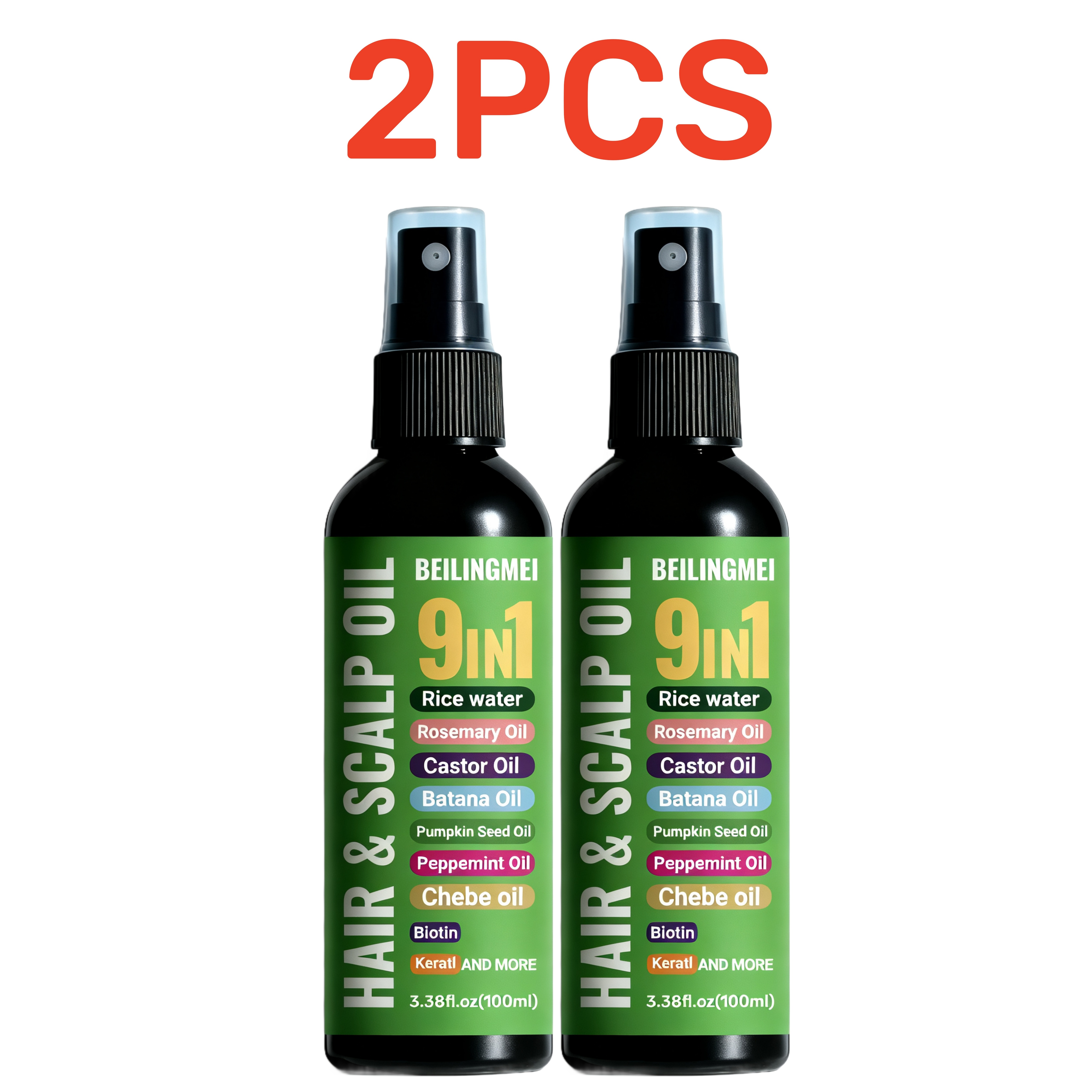 Image of 2pcs 9-in-1 Hair Oil, Containing Rice Water, , Castor Oil, Batana Oil, Pumpkin Seed Oil, Garlic Essential Oil, Oil, Biotin And Keratin, Moisturizes And
