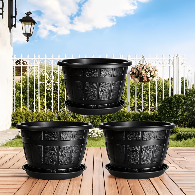 TEMU 3pcs Plant Pots And 3pcs Saucers - 8-inch Large Vintage Black Planter Set: Indoor/outdoor Flower Pots With Drainage Holes And Matching Saucers,